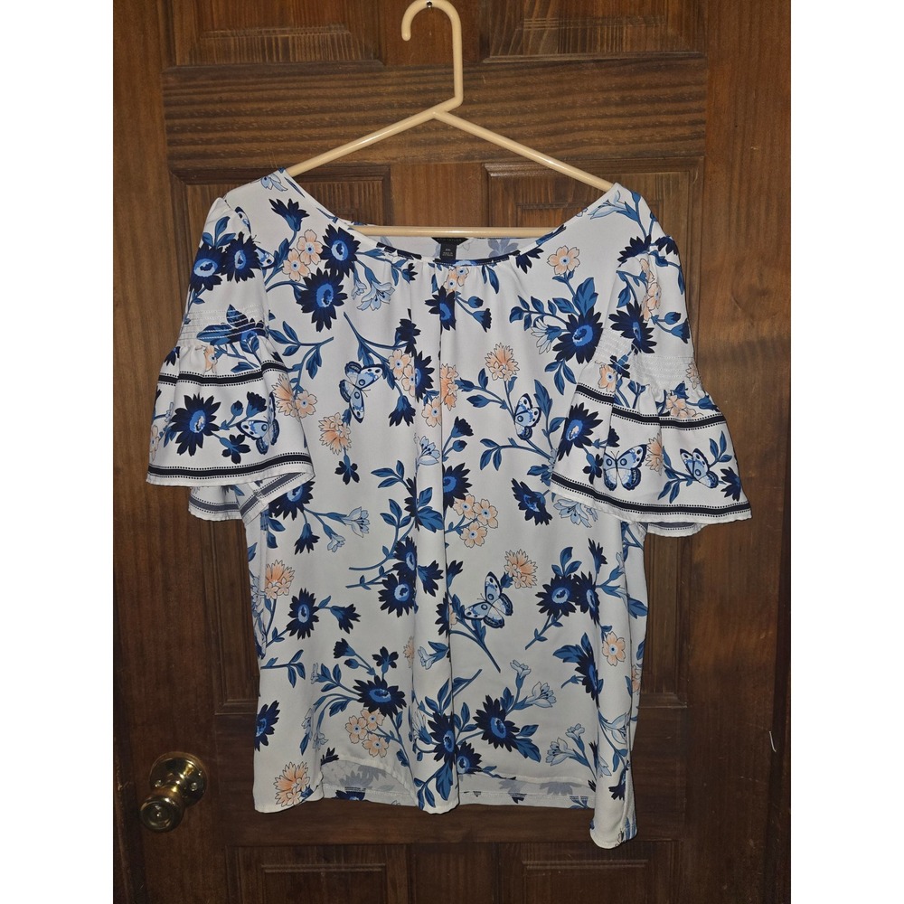Ann Taylor XXL White Blue Floral Butterfly Tiered Ruffle‎ Bell Sleeve Blouse Top